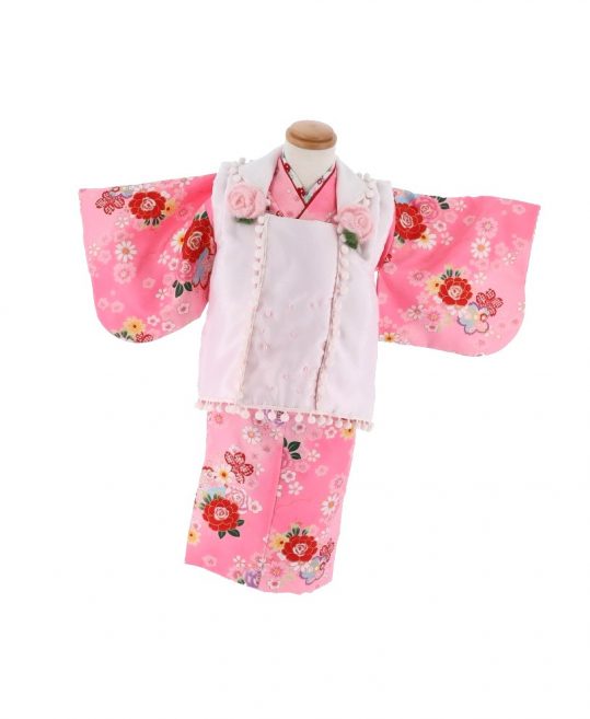 七五三 1〜2歳女の子用被布[かわいい系] (被布)白にバラの飾り(着物)ピンクに花々No.80H